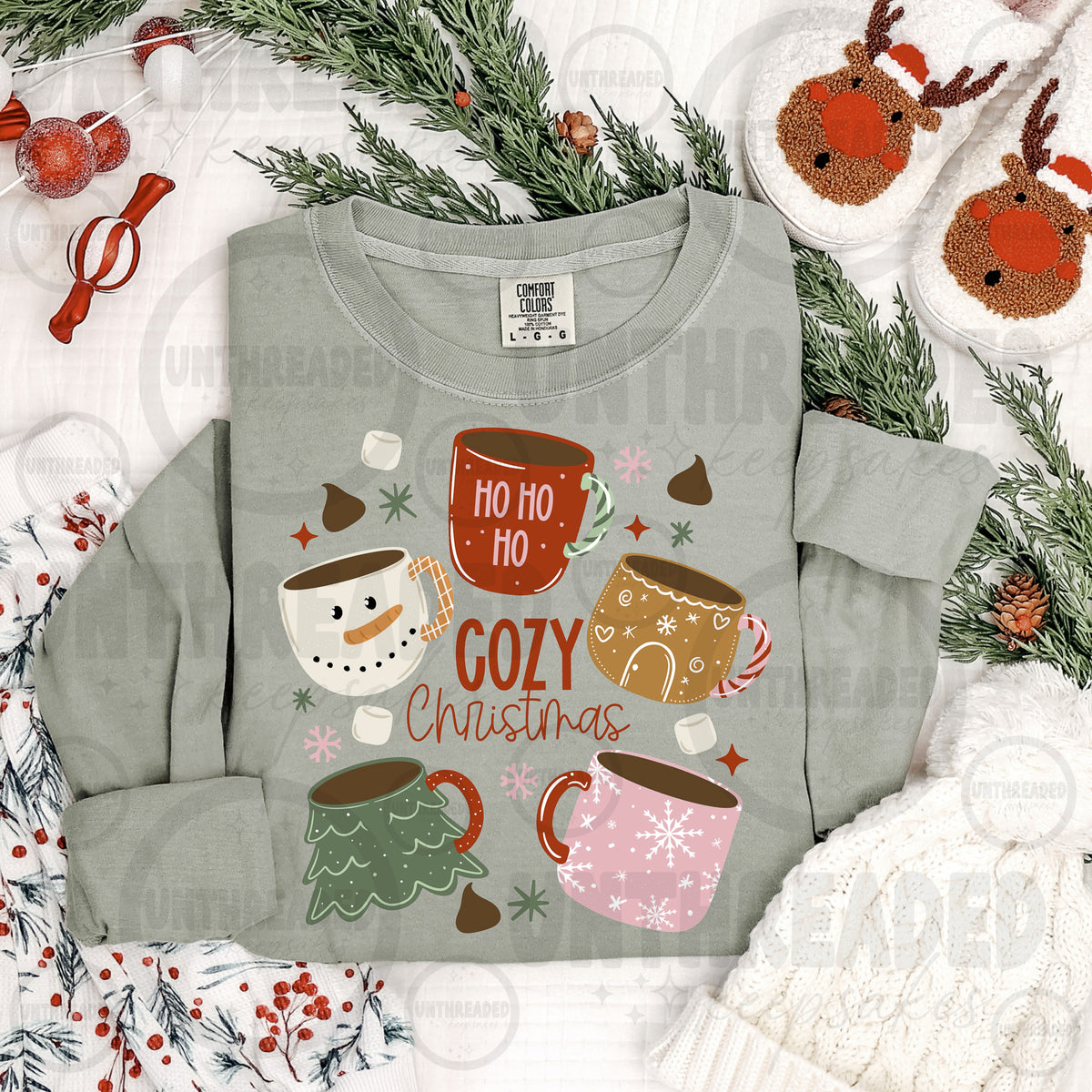 Cozy Christmas holiday mugs graphic on sage crewneck mockup