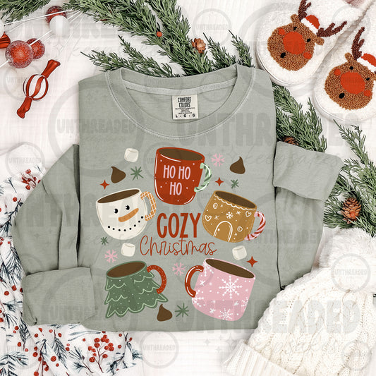 Cozy Christmas holiday mugs graphic on sage crewneck mockup