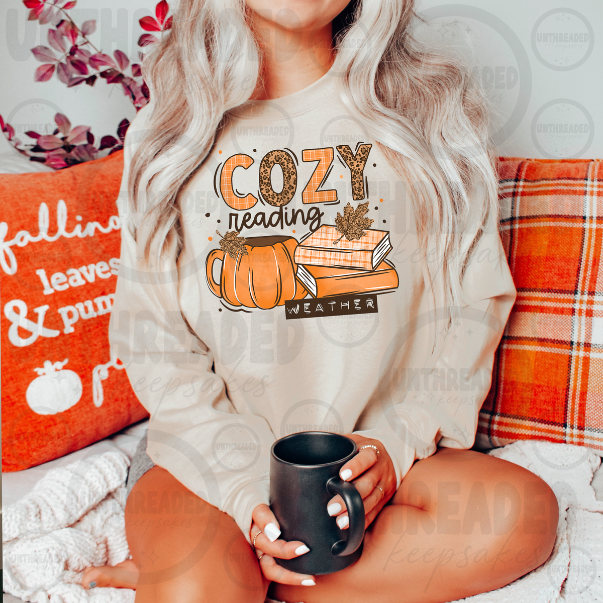 Cozy Reading Weather fall books pumpkin crewneck sweatshirt