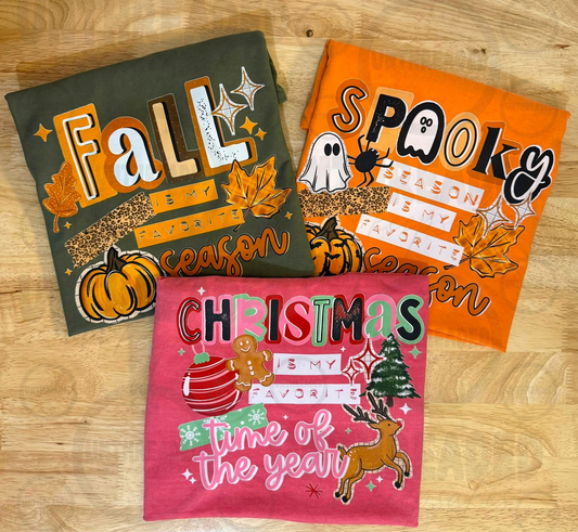 Favorite season Fall Spooky Season and Christmas crewneck options