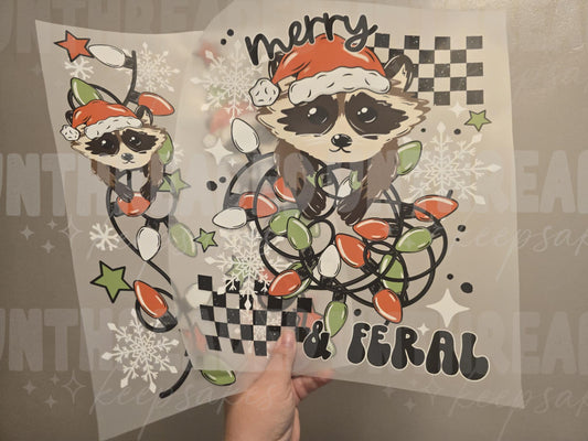 Merry & Feral Raccoon Christmas Front & Sleeve DTF Transfer Set