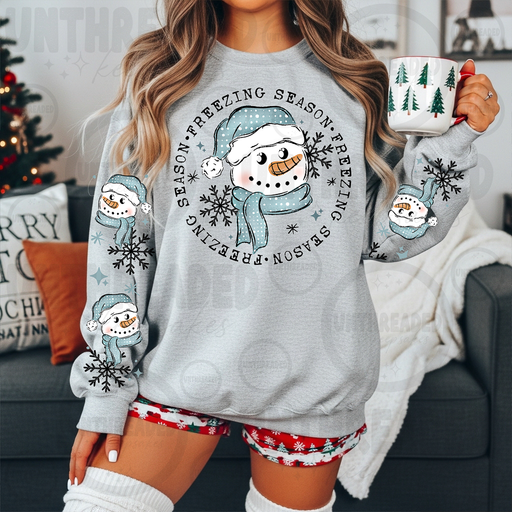 Freezing Season snowman sweatshirt with sleeve graphics
