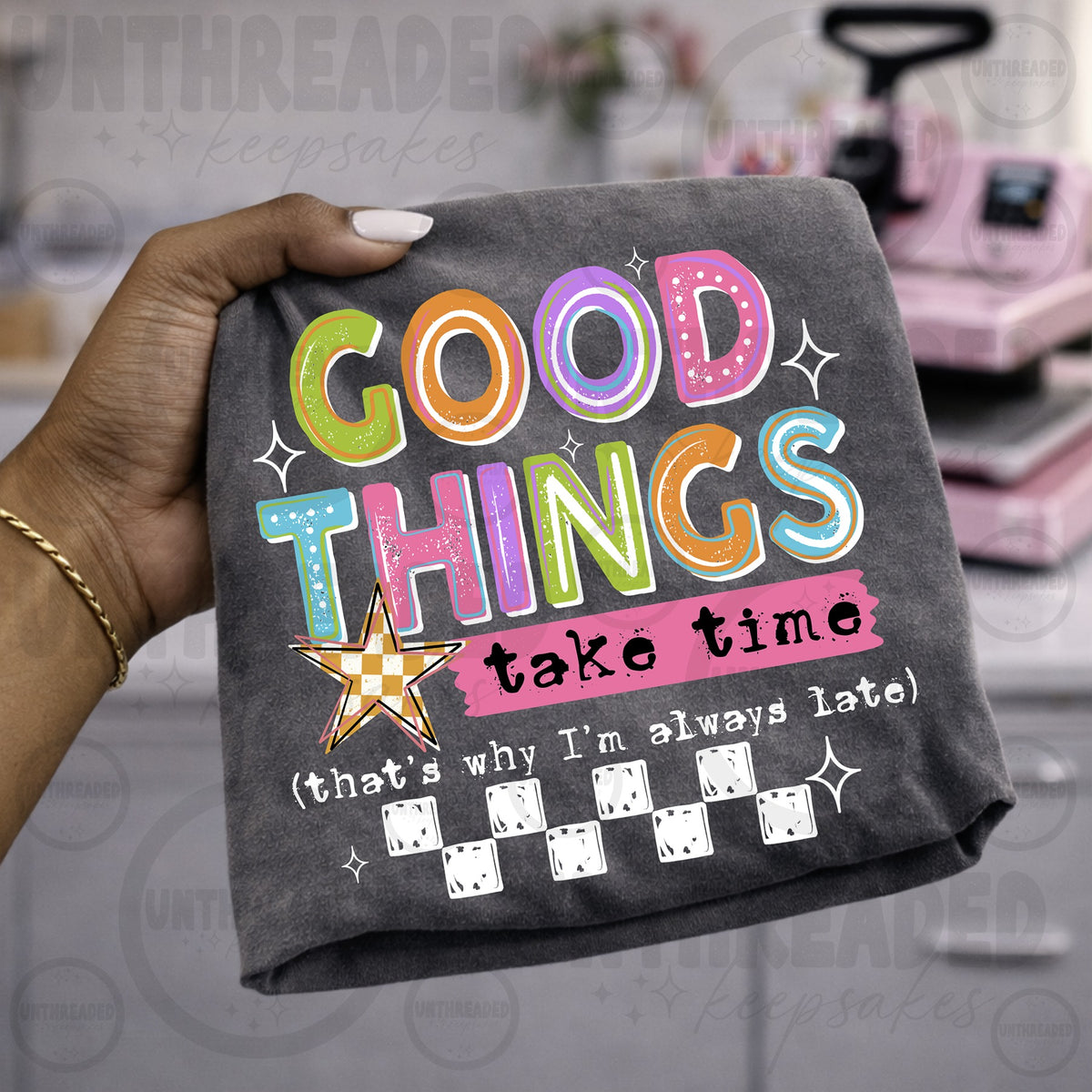 Gray crewneck with multicolor Good Things Take Time motivational graphic