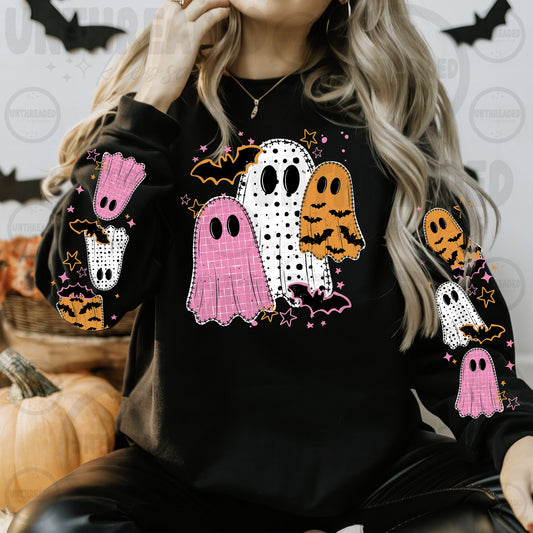 Colorful Halloween Ghosts Front & Sleeve Graphic Crewneck mockup