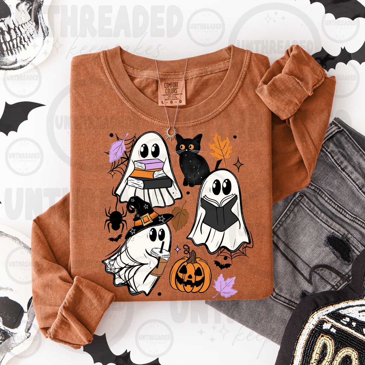 Halloween ghosts, black cat and pumpkin graphic crewneck mockup