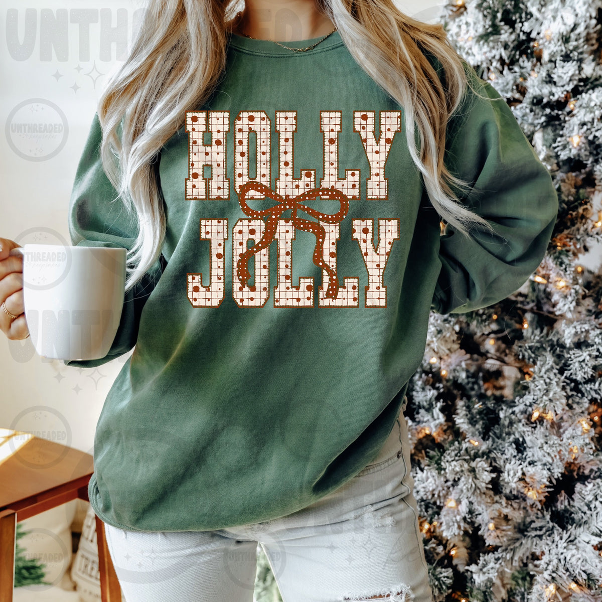 Holly Jolly checked lettering and bow green Christmas crewneck mockup