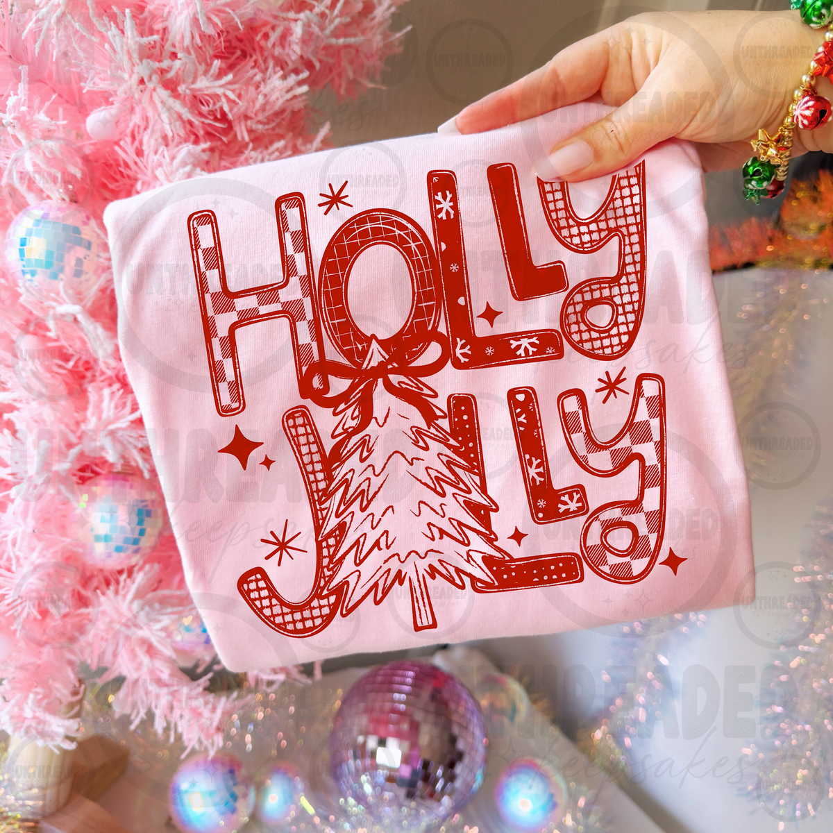 Holly Jolly Christmas design on pink apparel