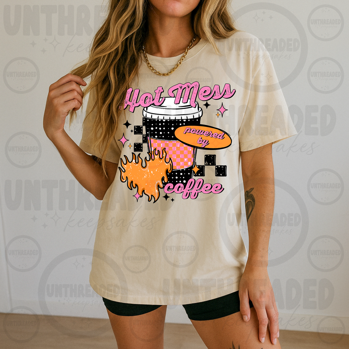 Hot Mess Powered by Coffee graphic t-shirt in sand