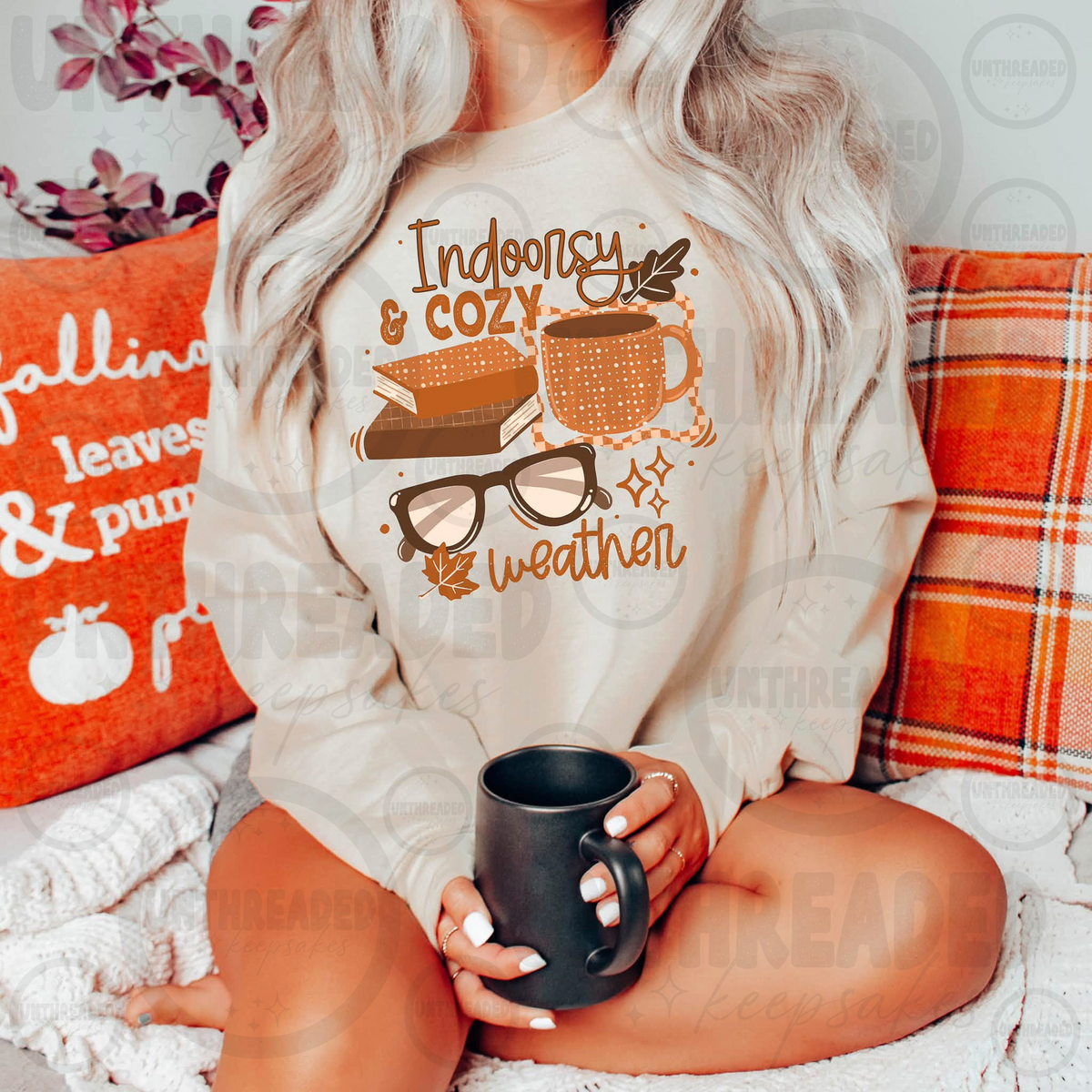 Indoorsy and Cozy Weather fall books coffee glasses crewneck