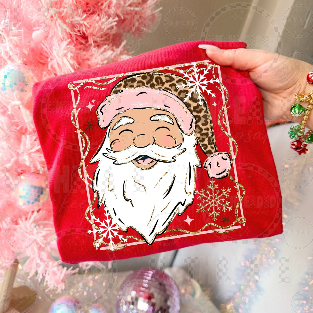 Classic Santa leopard print pink Christmas red crewneck