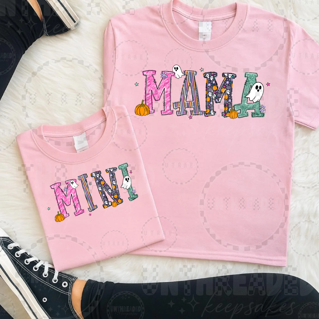 Pink Mama and Mini matching Halloween shirts with ghosts and pumpkins