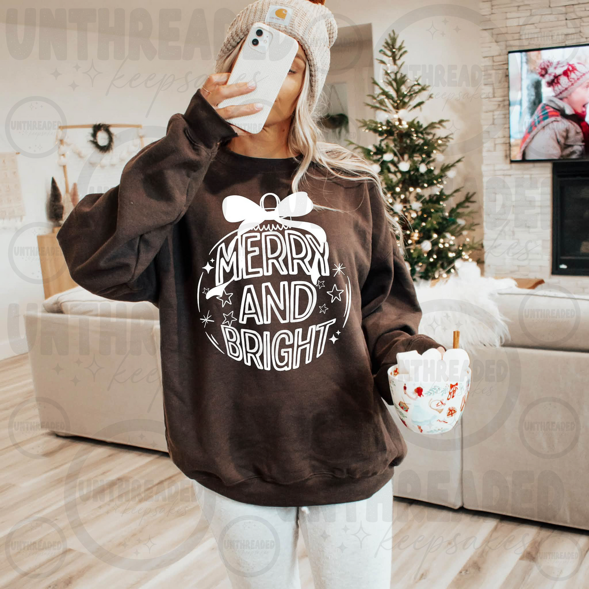 Merry and Bright Christmas ornament bow graphic crewneck
