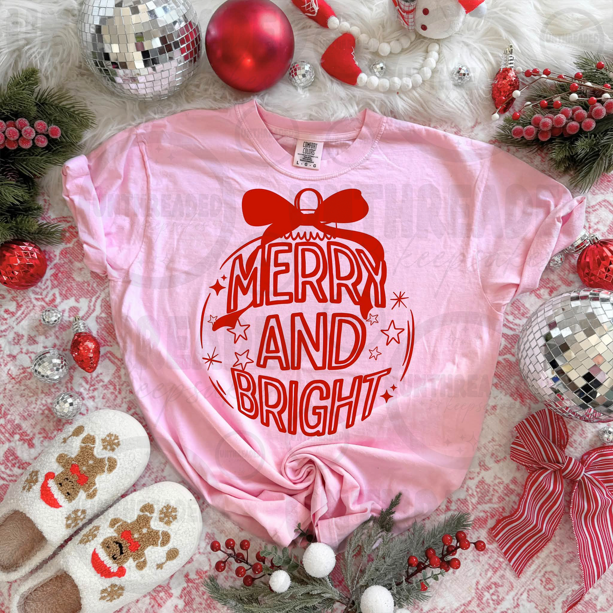 Merry and Bright Christmas ornament bow graphic pink t-shirt