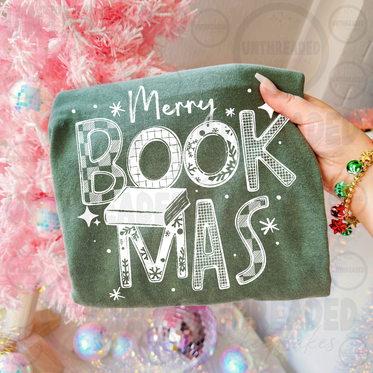 Merry Bookmas Christmas design on green apparel