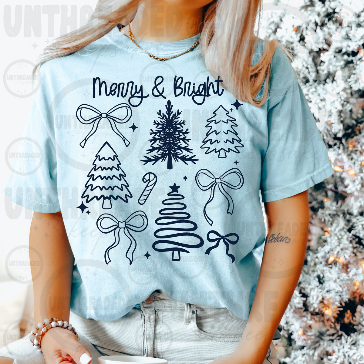 Merry and Bright Christmas trees and bows light blue t-shirt