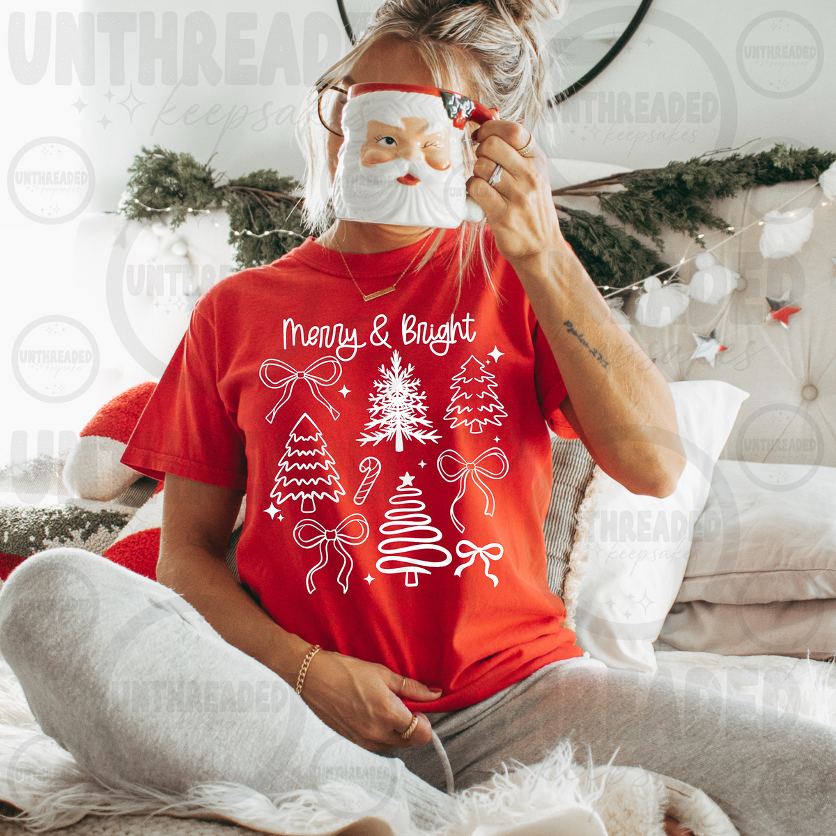 Merry and Bright Christmas trees and bows red t-shirt