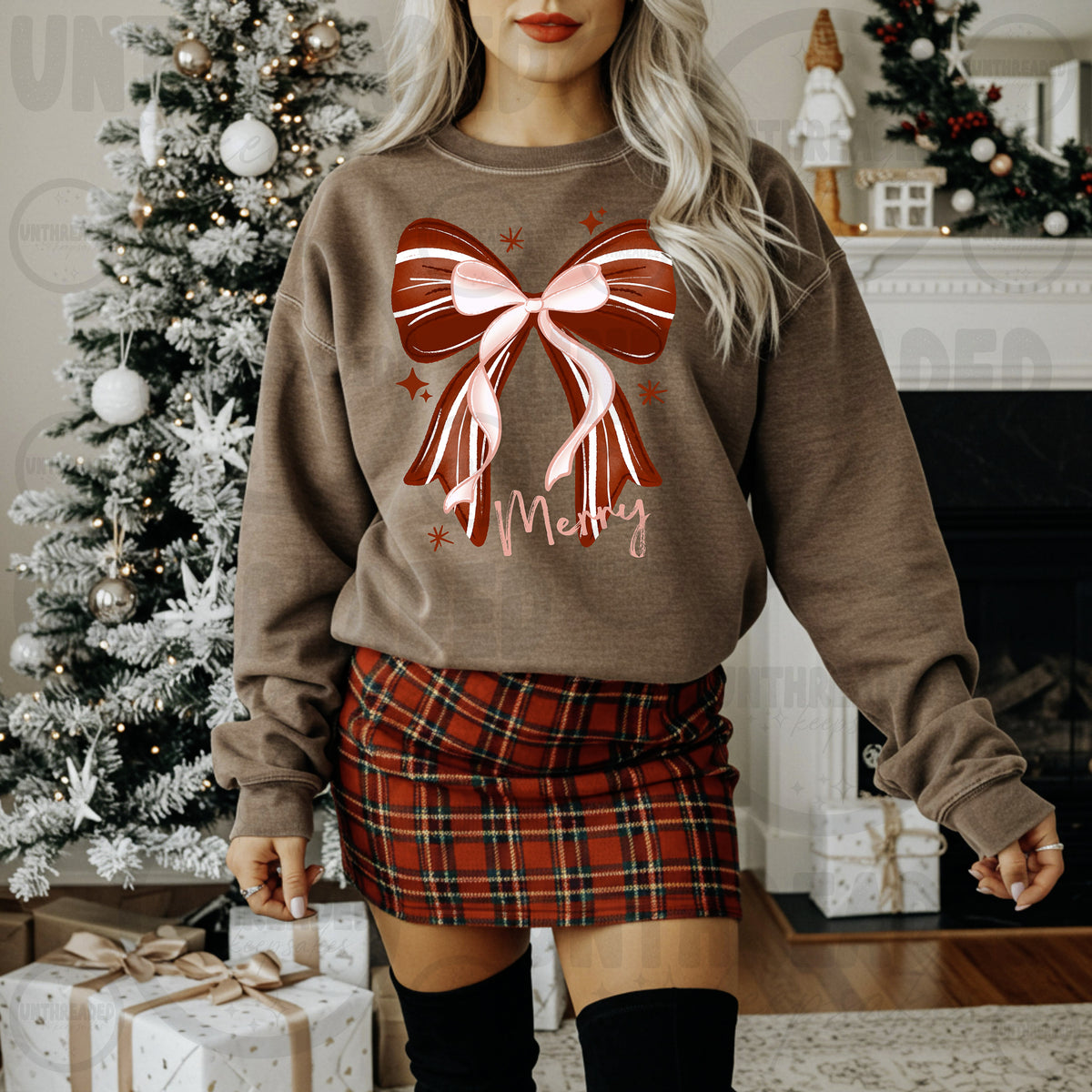 Merry Christmas bow graphic on brown crewneck mockup