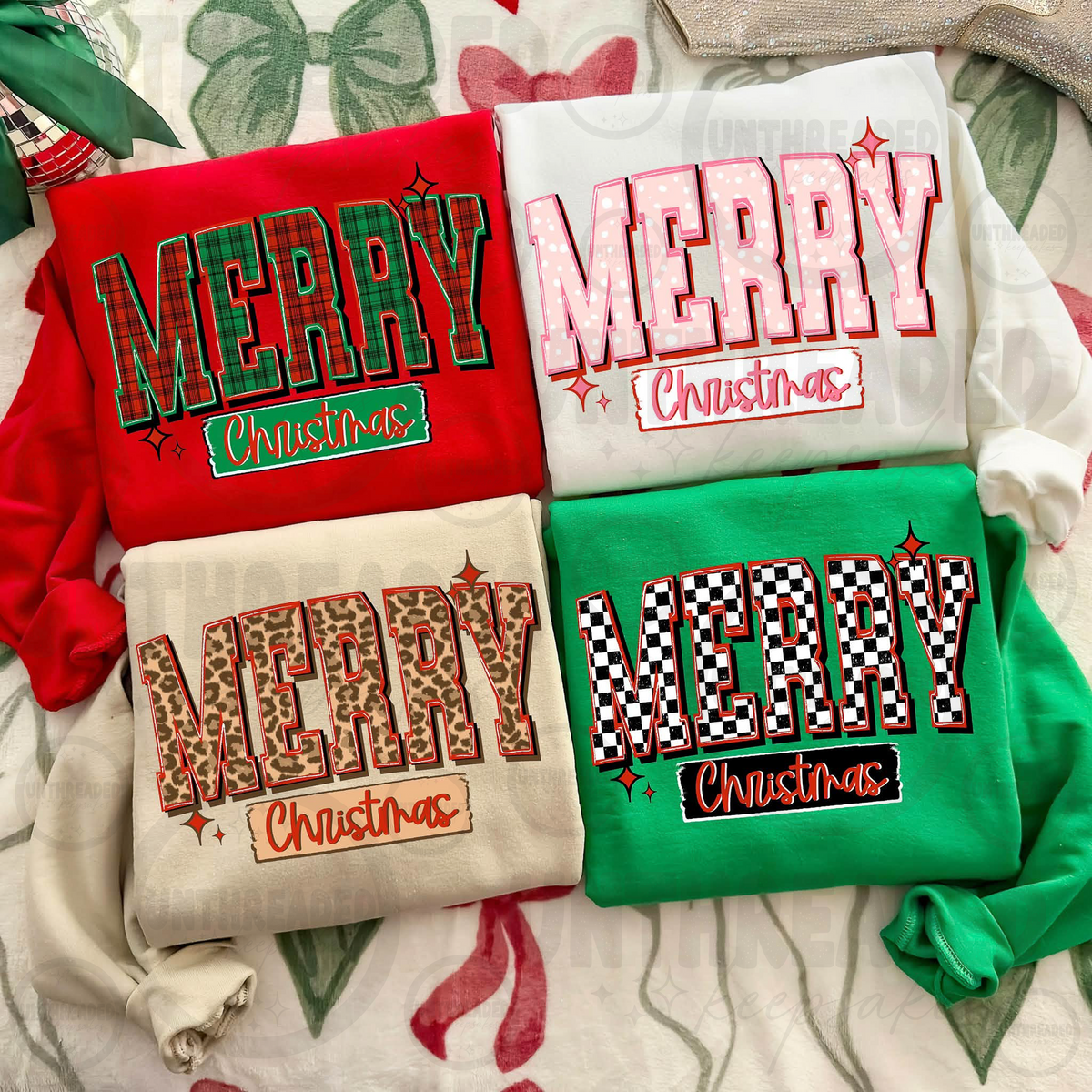 Merry Christmas patterned crewneck sweatshirt color options
