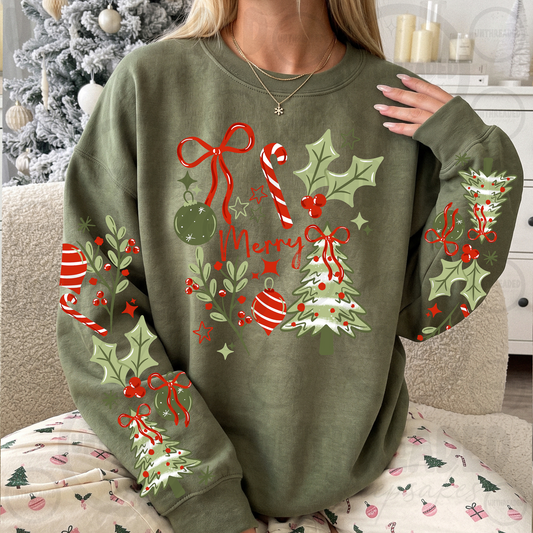 Merry Christmas Bow & Holly Sleeve Graphic Crewneck