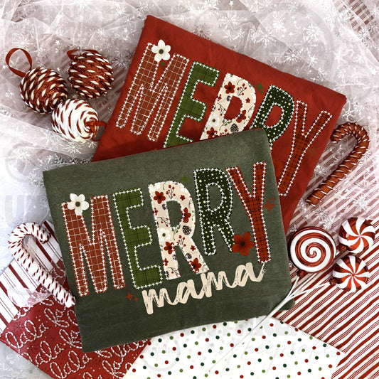 Merry Mama patchwork Christmas T-shirt mockups in red and green