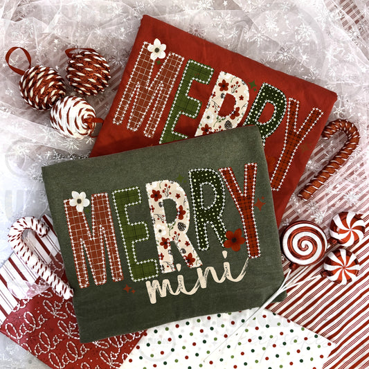 Merry mini patchwork Christmas T-shirt mockups in red and green