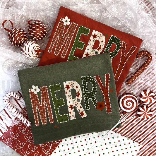 Merry patchwork Christmas T-shirt mockups in red and green