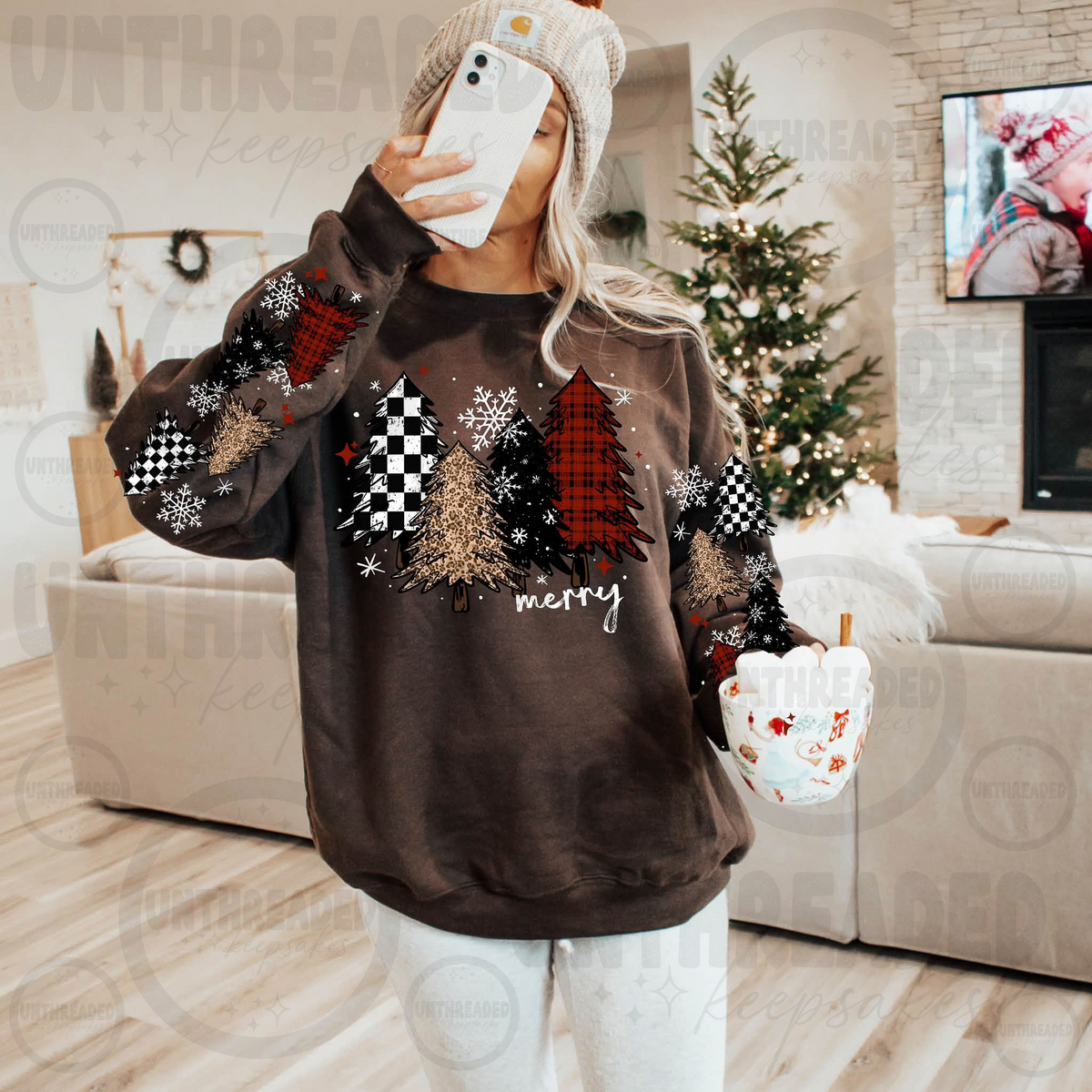 Merry patterned Christmas trees front and sleeve graphic crewneck