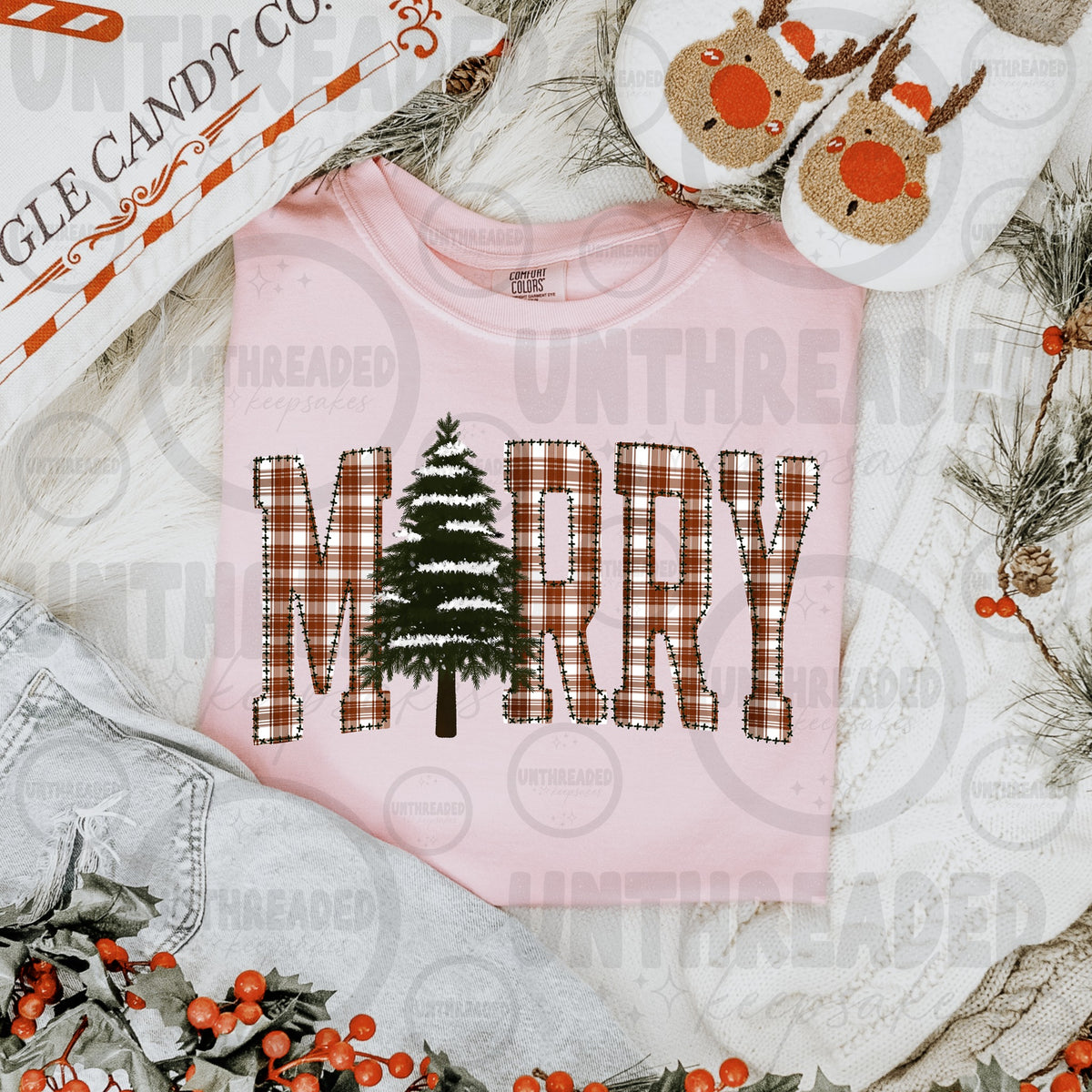 Pink Merry plaid Christmas tree graphic T-shirt mockup