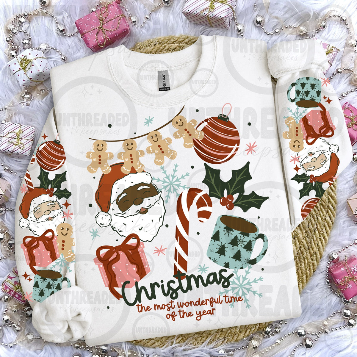 White Christmas crewneck with Santa, gingerbread garland, holly, candy cane and decorated sleeves