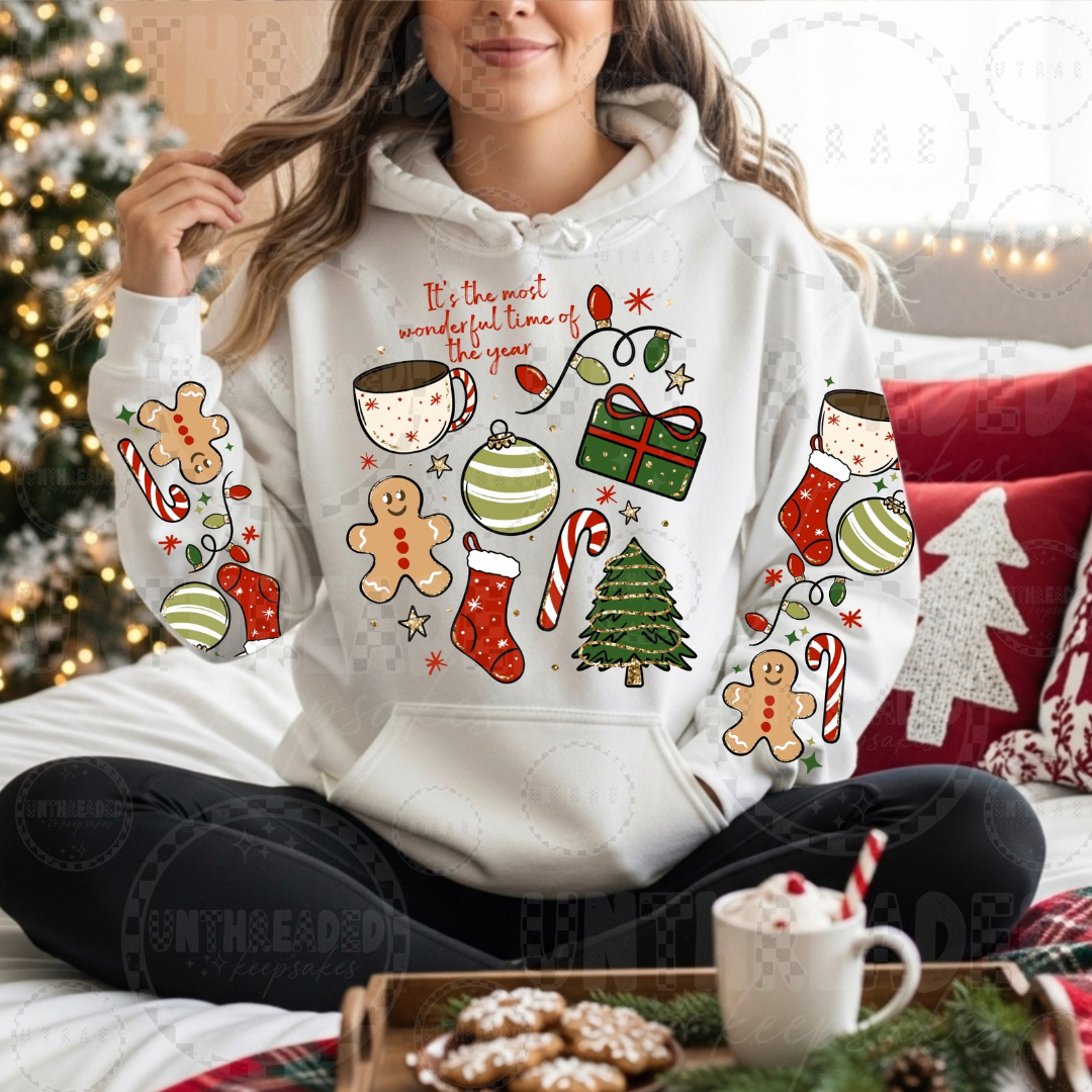 White Christmas gingerbread holiday hoodie with front and sleeve graphics