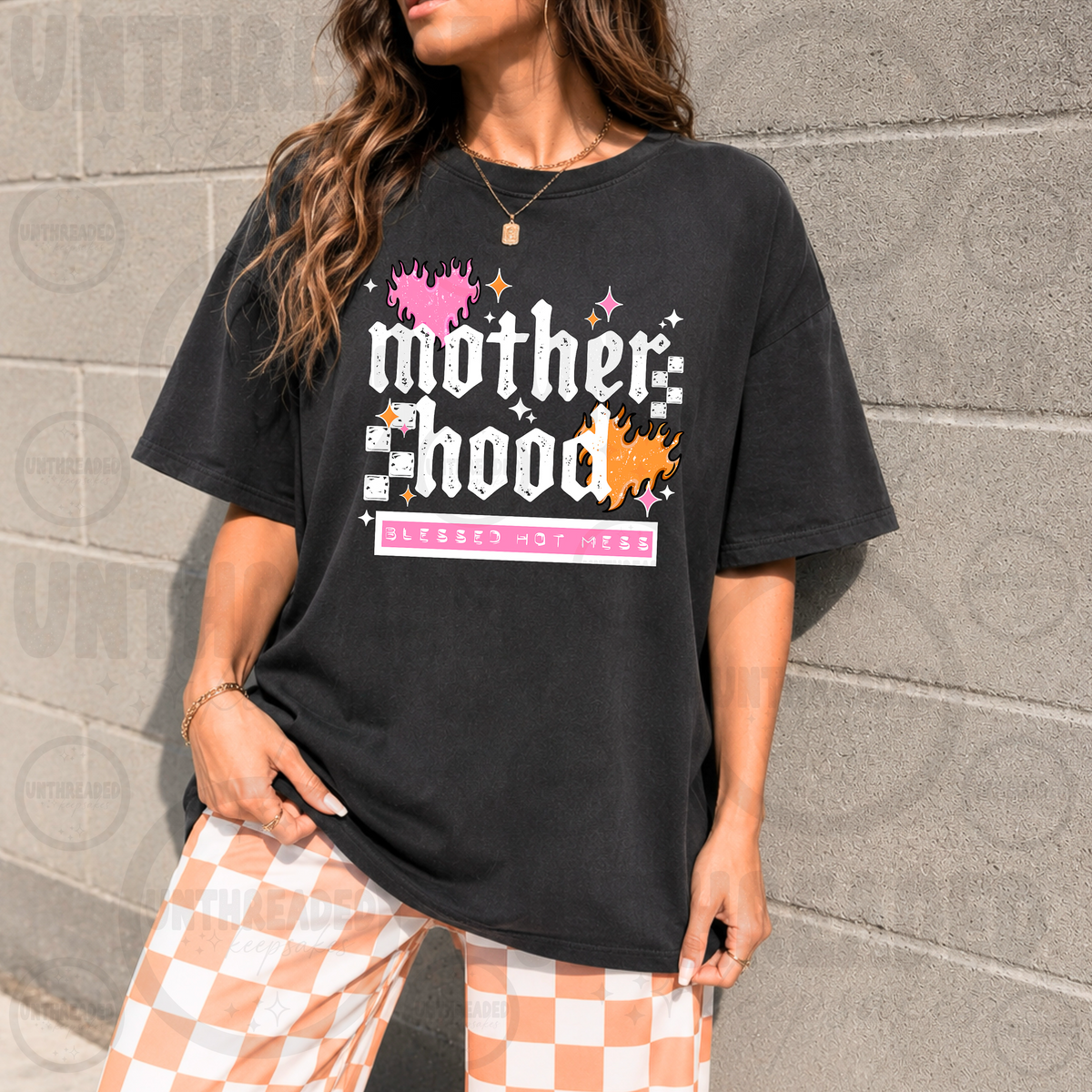 Motherhood Blessed Hot Mess graphic on black t-shirt
