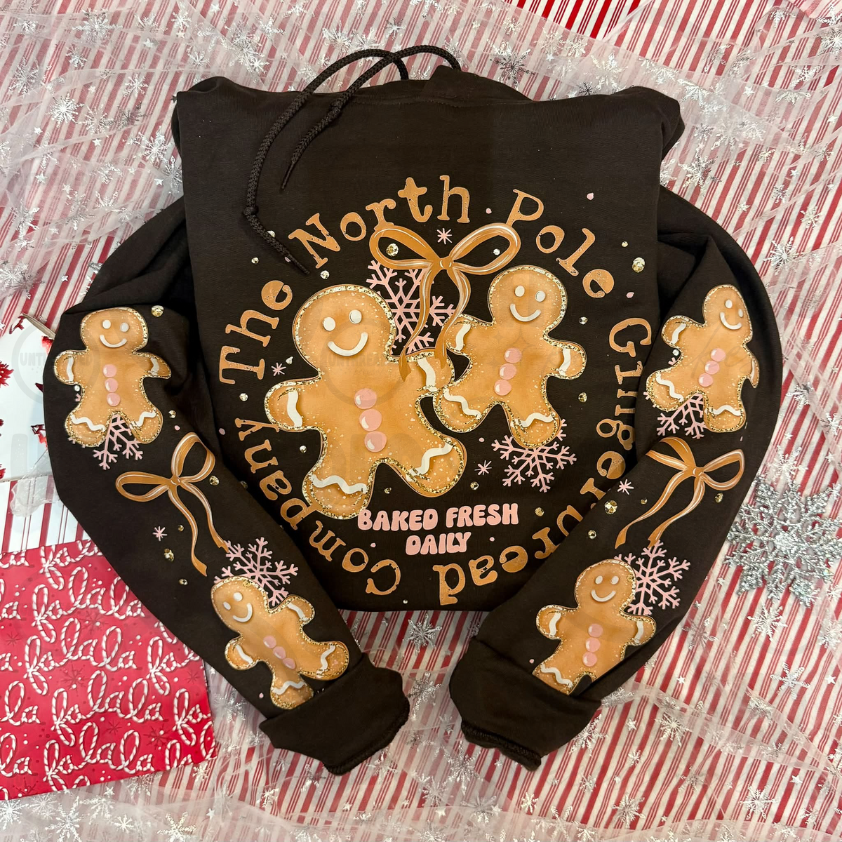 North Pole Gingerbread Baked Fresh Daily Christmas sleeve print hoodie