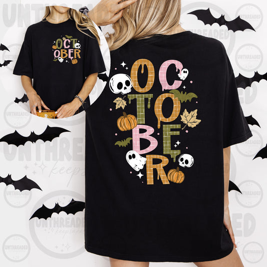October Halloween front and back graphic black T-shirt mockup