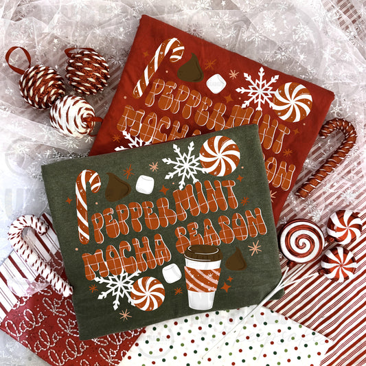 Peppermint Mocha Season graphic T-shirt mockups in red and green
