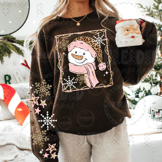 Brown pink leopard snowman Christmas crewneck with sleeve snowflake graphics