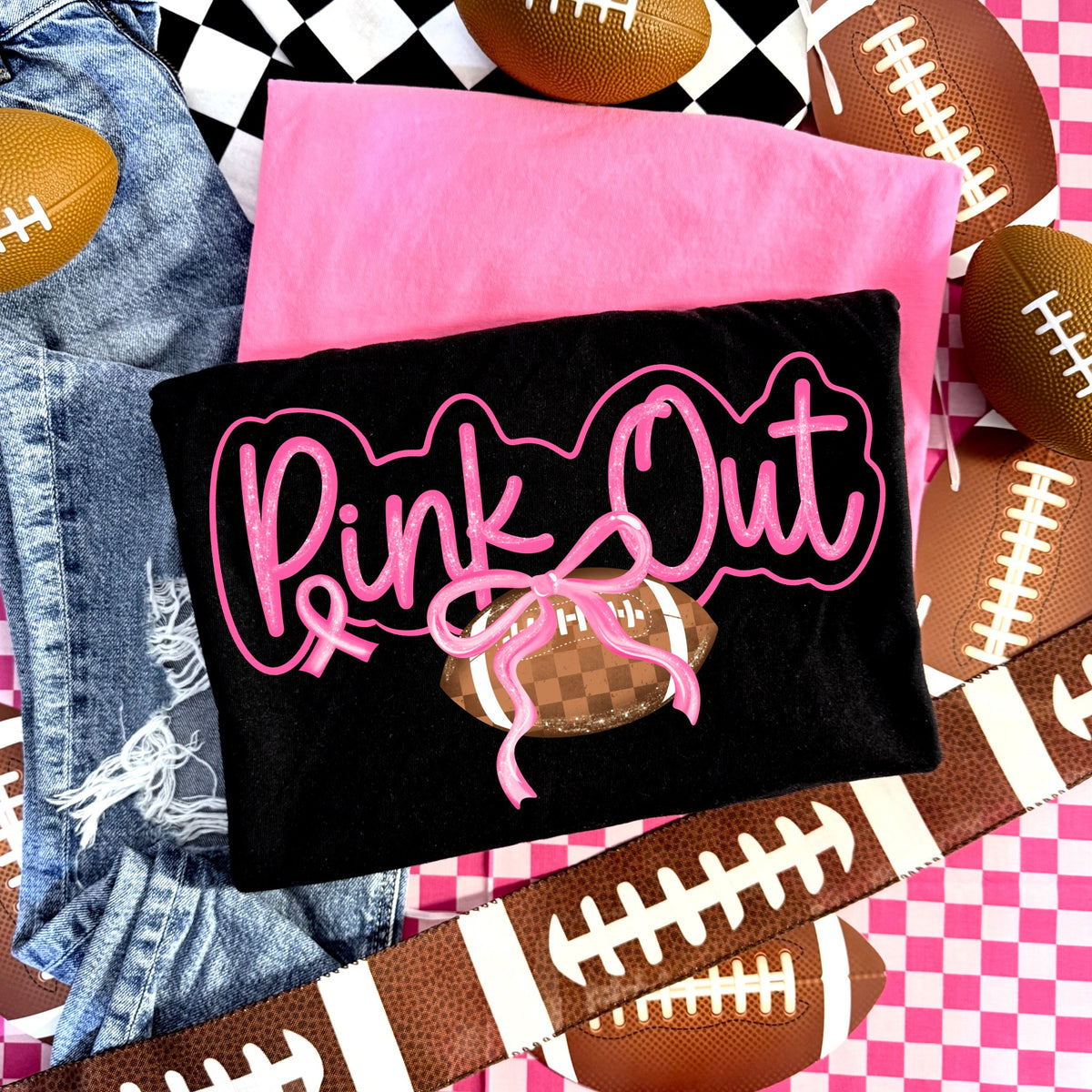 Pink Out Football Bow T-Shirt in black with pink shirt option