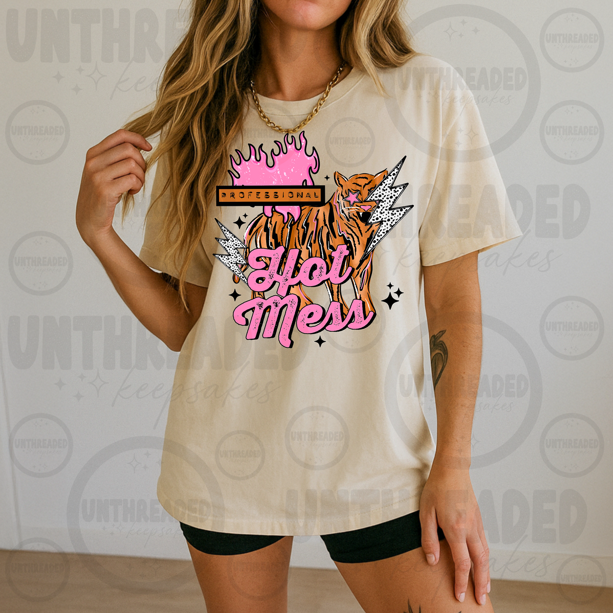 Professional Hot Mess tiger graphic t-shirt in sand