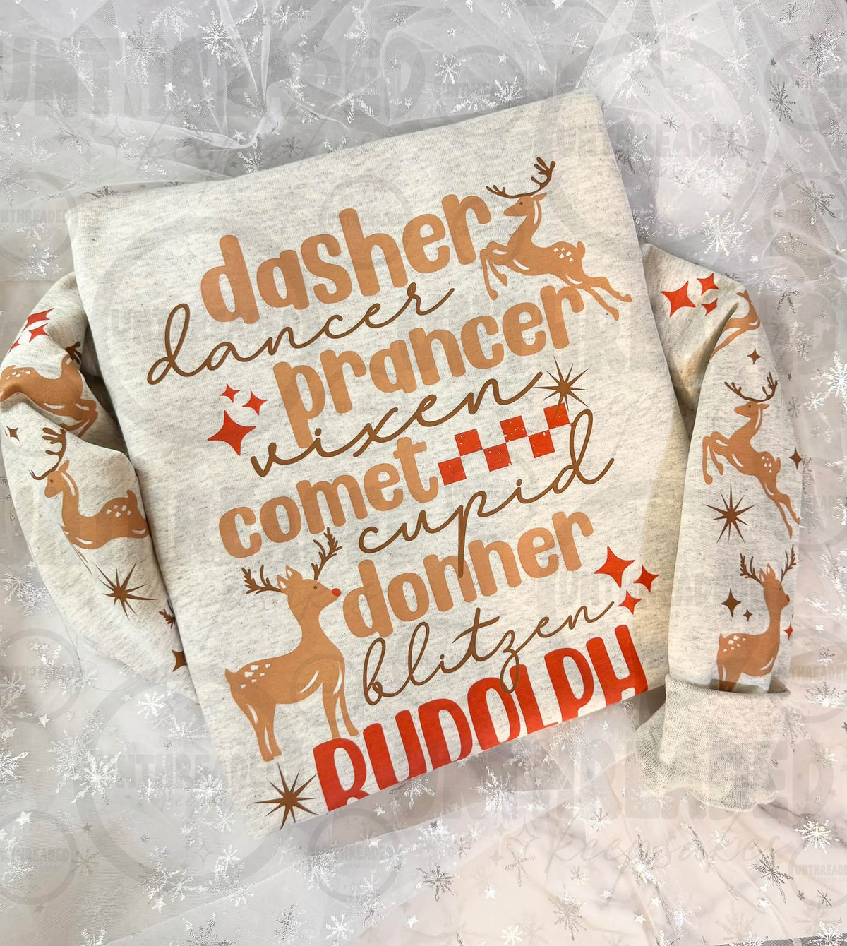 Santa's reindeer names Christmas sleeve print crewneck sweatshirt