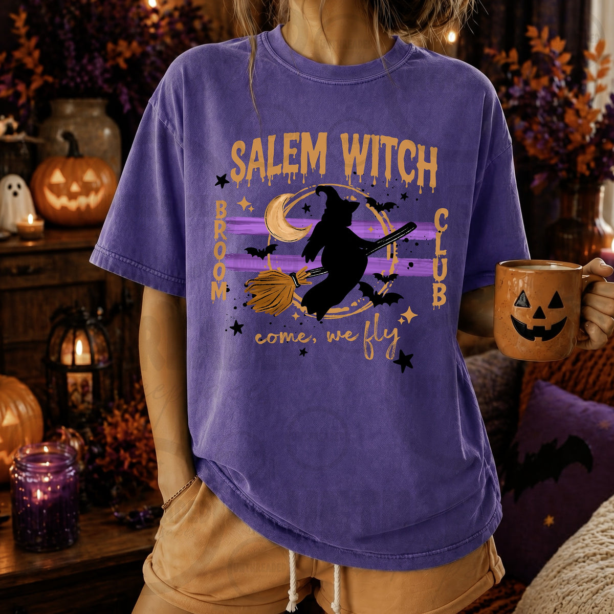 Purple Salem Witch Broom Club flying witch Halloween T-shirt