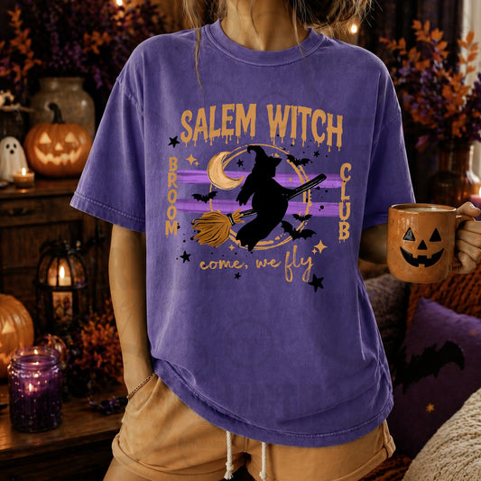 Purple Salem Witch Broom Club flying witch Halloween T-shirt