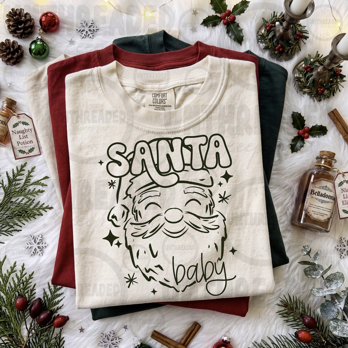 Cream crewneck with Santa Baby outline lettering and Santa face