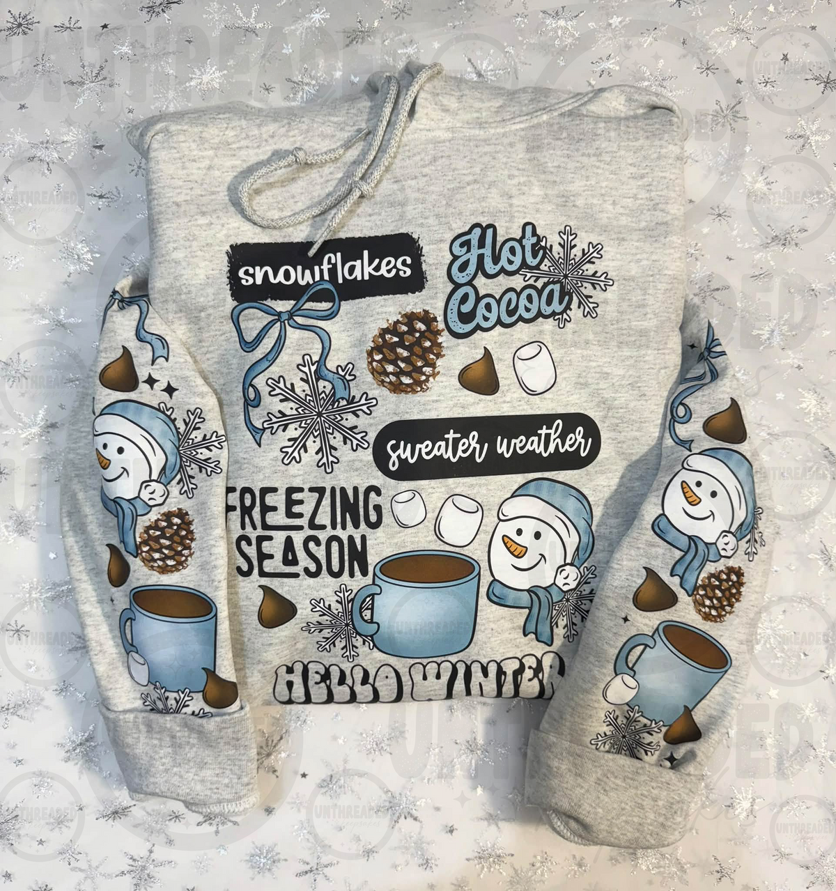 Snowflakes hot cocoa freezing season snowman winter hoodie with sleeve prints