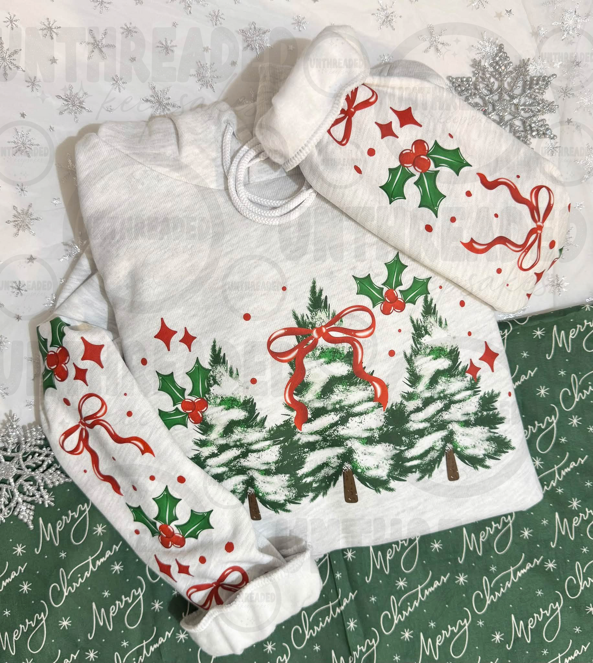 Snowy Christmas trees red bows and holly sleeve print hoodie