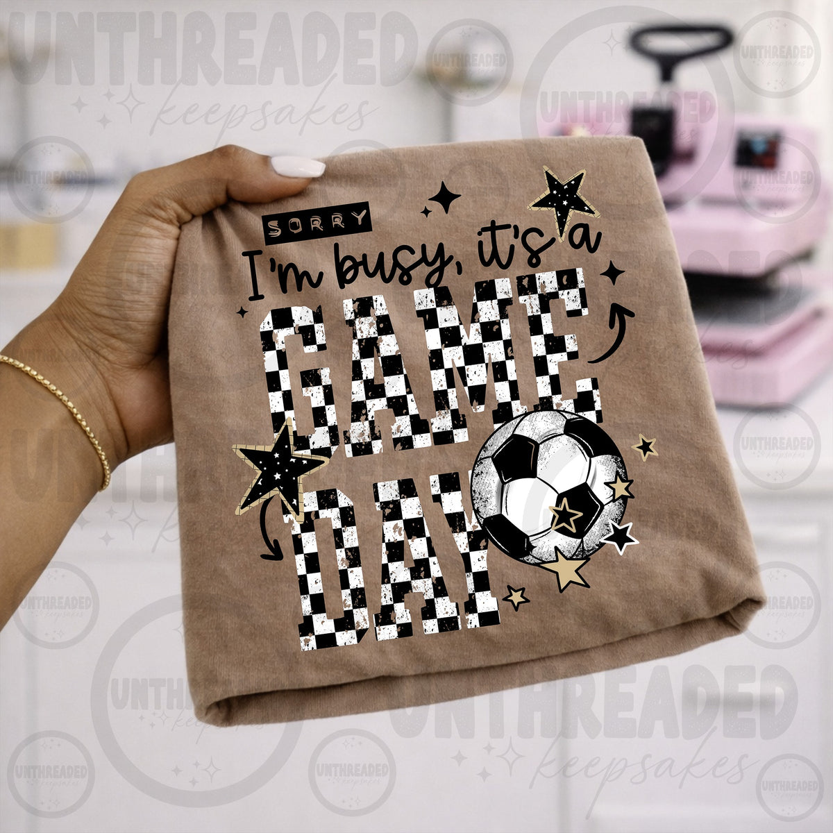 Sorry I'm Busy It's a Game Day soccer graphic T-shirt in Tan