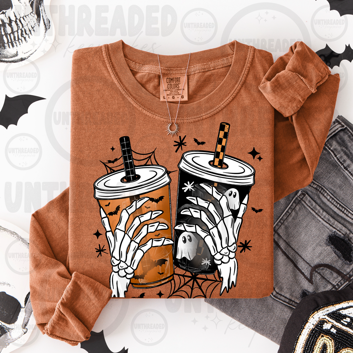 Spooky Coffee Skeleton Hands Halloween Crewneck Sweatshirt