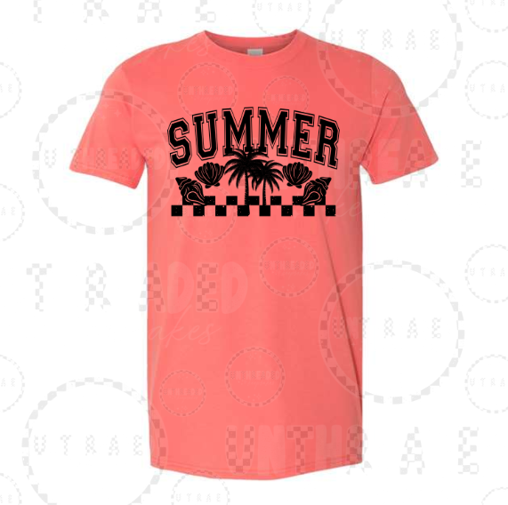 Summer palm tree checkerboard graphic T-shirt - size Small