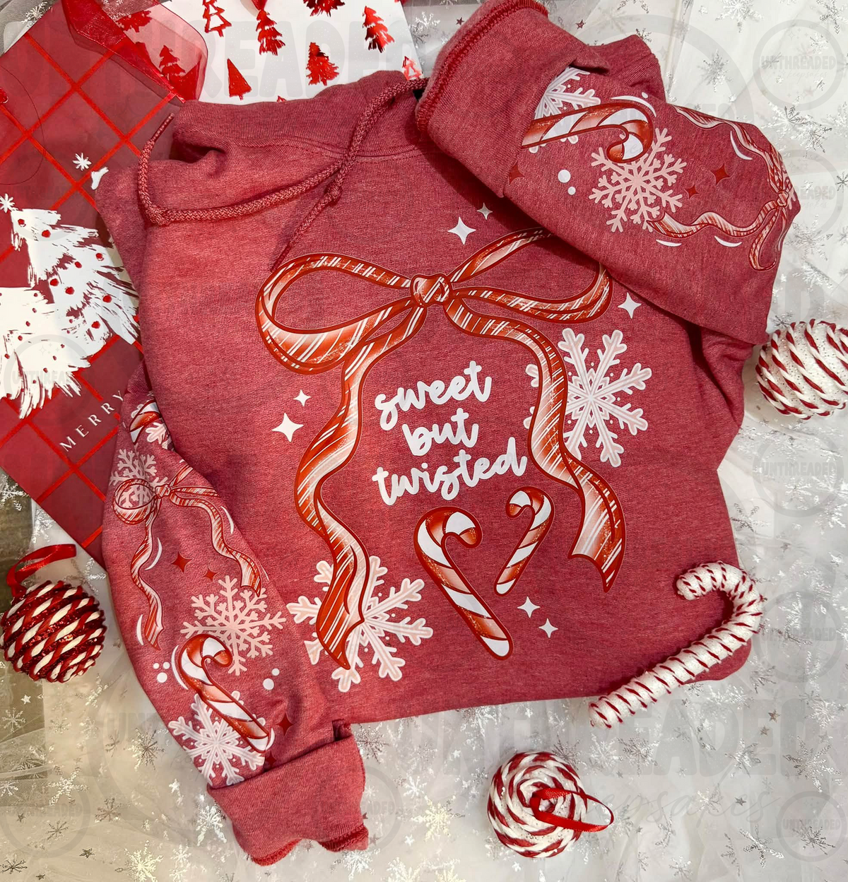 Sweet But Twisted Christmas candy cane bow sleeve print hoodie