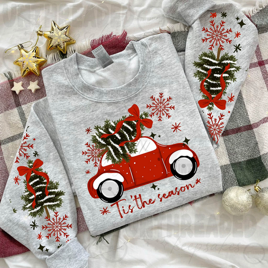 'Tis the Season Christmas Tree Car Sleeve Print Crewneck Sweatshirt