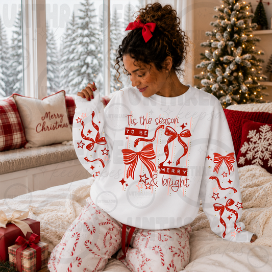 Tis the season to be merry and bright Christmas bow sleeve graphic crewneck