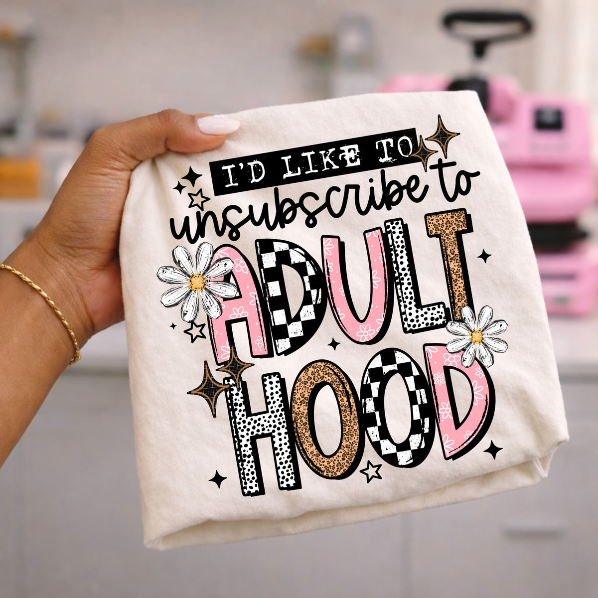 I'd Like to Unsubscribe to Adult Hood graphic on light shirt